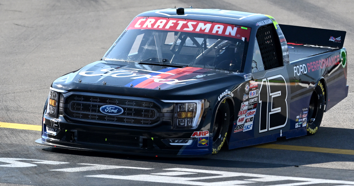 Hailie Deegan hits the wall hard after push from Nick Sanchez during Toyota 200