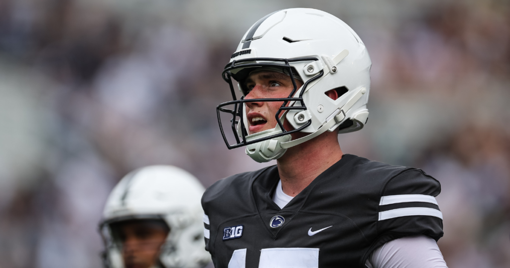 Drew Allar #15 of the Penn State Nittany Lions looks on during the Penn State Spring Football Game at Beaver Stadium on April 15, 2023 in State College, Pennsylvania.