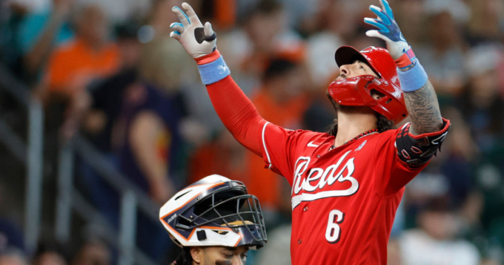 Jonathan India celebrates after hitting the go-ahead home run in the eighth inning of Sunday evening's win for the Cincinnati Reds.