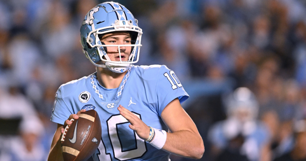 Drake Maye #10 of the North Carolina Tar Heels looks to pass against the Pittsburgh Panthers during the first half of their game at Kenan Memorial Stadium on October 29, 2022 in Chapel Hill, North Carolina.