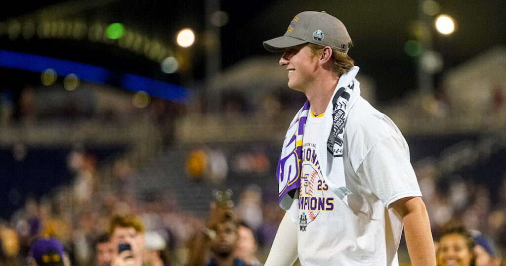 LSU Tigers starting pitcher Thatcher Hurd smiles after winning the College World Series