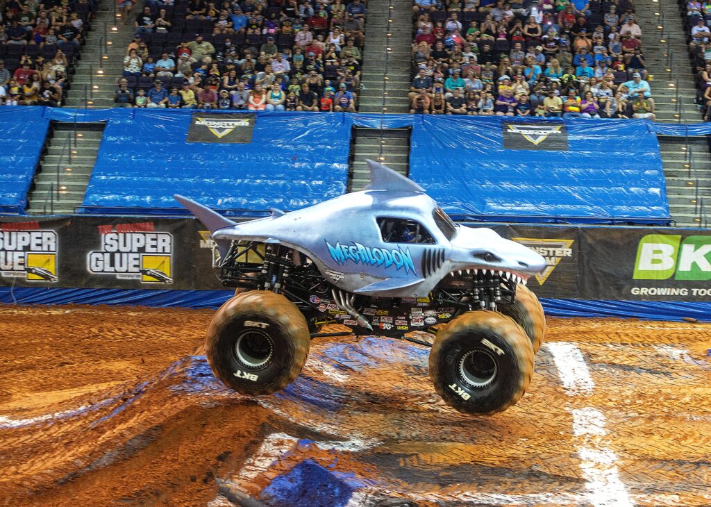 Megalodon goes airborne during Monster Jam at the Pensacola Bay Center Saturday, July 24. 2021.  Monster Jam