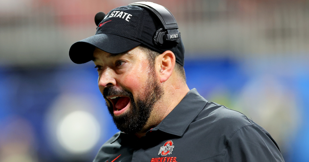 ATLANTA, GEORGIA - DECEMBER 31: Head coach Ryan Day of the Ohio State Buckeyes is seen on the sideline during the third quarter against the Georgia Bulldogs in the Chick-fil-A Peach Bowl at Mercedes-Benz Stadium on December 31, 2022 in Atlanta, Georgia.