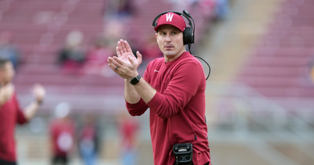 Nov 5, 2022; Stanford, California, USA; Washington State Cougars head coach Jake Dickert applauds during the fourth quarter against the Stanford Cardinal at Stanford Stadium.