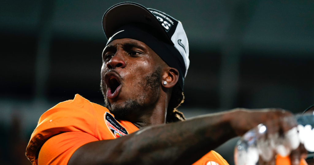 Dec 30, 2022; Miami Gardens, FL, USA; Tennessee Volunteers quarterback Joe Milton III (7) reacts after defeating the Clemson Tigers in the 2022 Orange Bowl at Hard Rock Stadium.