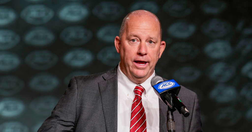 Jul 25, 2023; Charlotte, NC, USA; Louisville head coach Jeff Brohm answers questions during ACC Media Days at The Westin Charlotte.