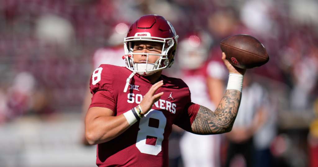 Nov 5, 2022; Norman, Oklahoma, USA; Oklahoma Sooners quarterback Dillon Gabriel (8) warms up before the game against the Baylor Bears at Gaylord Family-Oklahoma Memorial Stadium.