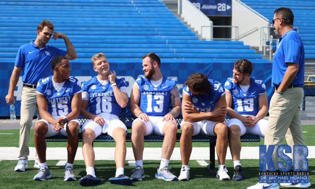 Kentucky quarterbacks Devin Leary, Deuce Hogan, Destin Wade, and Kaiya Sheron cut up at Media Day