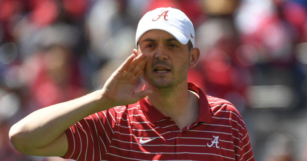 Apr 22, 2023; Tuscaloosa, AL, USA; Alabama offensive coordinator Tommy Rees yells instructions during the A-Day game at Bryant-Denny Stadium.