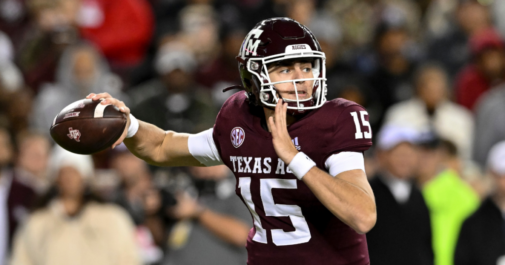 Nov 26, 2022; College Station, Texas, USA; Texas A&M Aggies quarterback Conner Weigman (15) throws the ball during the first quarter against the LSU Tigers at Kyle Field.