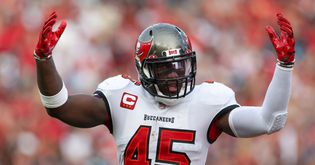 Jan 1, 2023; Tampa, Florida, USA; Tampa Bay Buccaneers linebacker Devin White (45) reacts after a play against the Carolina Panthers in the fourth quarter at Raymond James Stadium.