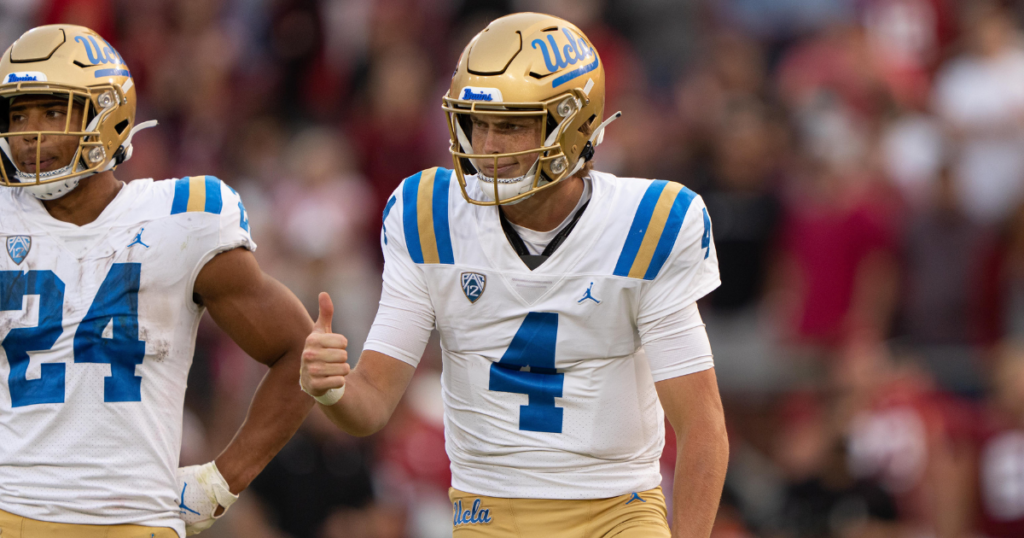 Sep 25, 2021; Stanford, California, USA; UCLA Bruins quarterback Ethan Garbers (4) signals to the sideline during the fourth quarter against the Stanford Cardinal at Stanford Stadium.