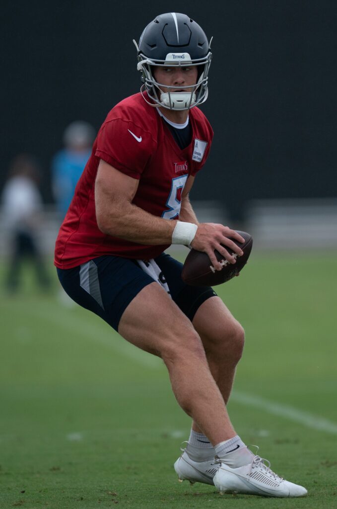 Tennessee Titans quarterback Will Levis turns to make a pitch at the Tennessee Titans practice facility