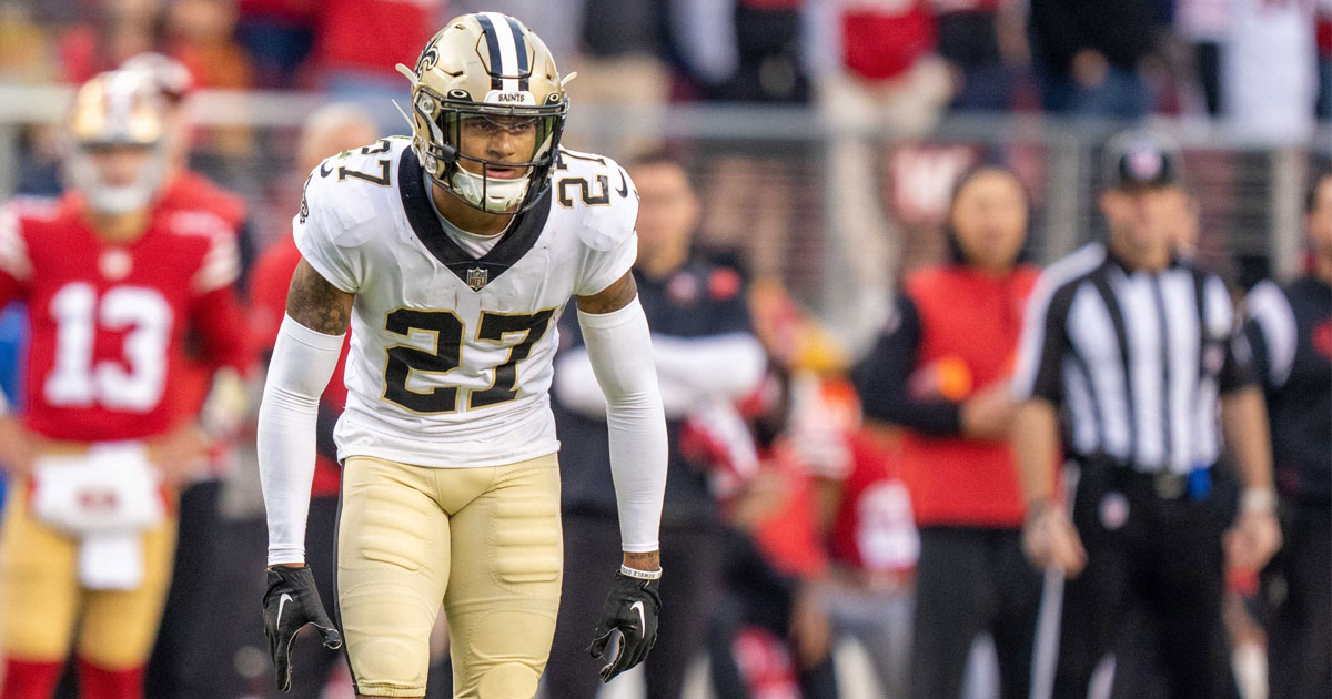 New Orleans Saints cornerback Alontae Taylor (27) looks into the backfield  during an NFL football game against the San Francisco 49ers, Sunday,  Nov.27, 2022, in Santa Clara, Calif. (AP Photo/Scot Tucker Stock