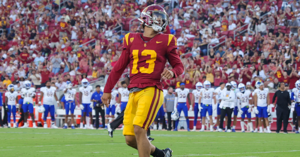 USC quarterback Caleb Williams reacts after throwing a pass against San Jose State