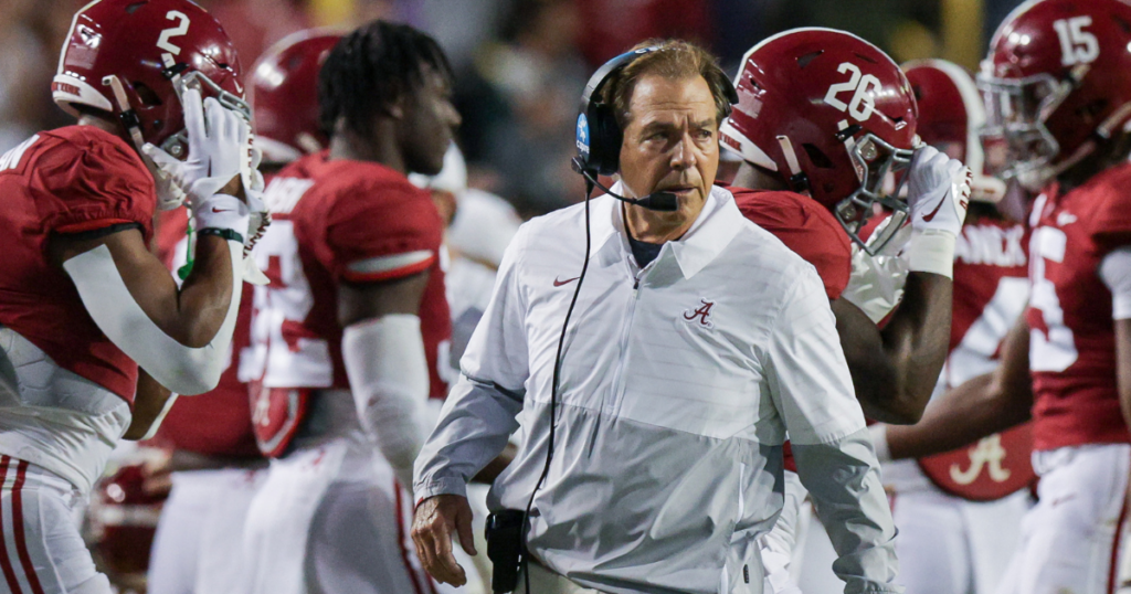 Nov 5, 2022; Baton Rouge, Louisiana, USA; Alabama Crimson Tide head coach Nick Saban looks on against the LSU Tigers during the first half at Tiger Stadium.