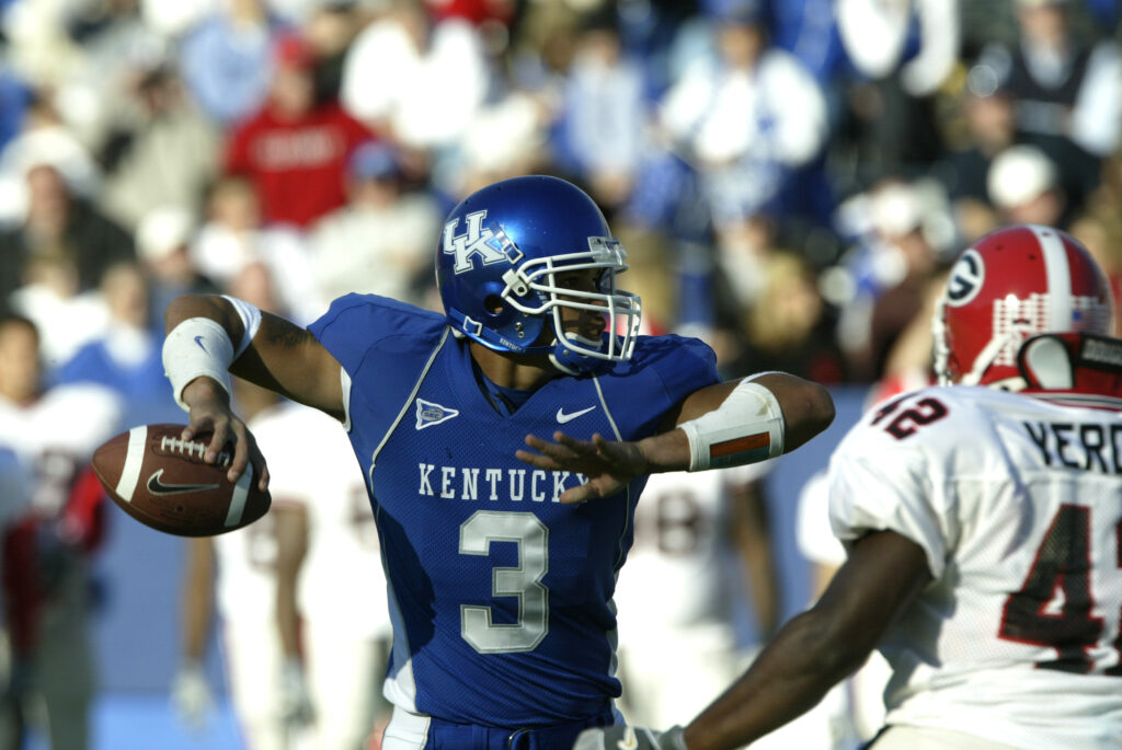 Nov 6, 2004; Lexington, KY, USA; Kentucky Wildcats quarterback #3 Andre Woodson passes the ball in the third quarter against the Georgia Bulldogs at Commonwealth Stadium. The Bulldogs beat the Wildcats 62-17. Mandatory Credit: 