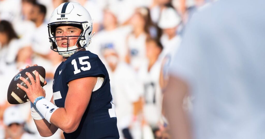 Penn State quarterback Drew Allar warms up