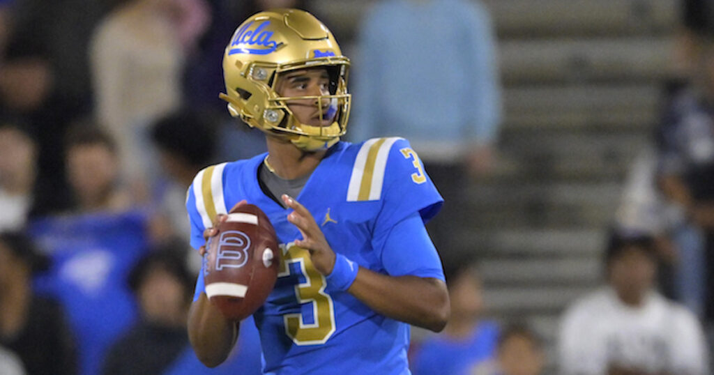 UCLA Bruins quarterback Dante Moore throws a pass