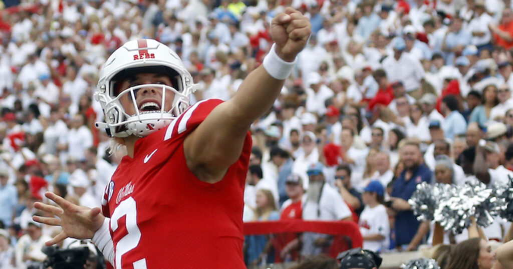 Ole Miss Rebels quarterback Jaxson Dart reacts after a touchdown