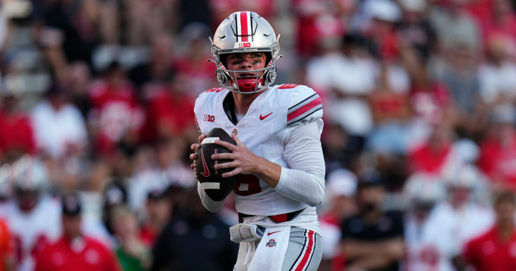 Sep 2, 2023; Bloomington, Indiana, USA; Ohio State Buckeyes quarterback Kyle McCord (6) looks to throw during the NCAA football game at Indiana University Memorial Stadium. Ohio State won 23-3.