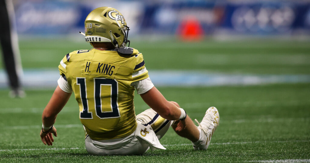 Georgia Tech Yellow Jackets quarterback Haynes King reacts after a fumble