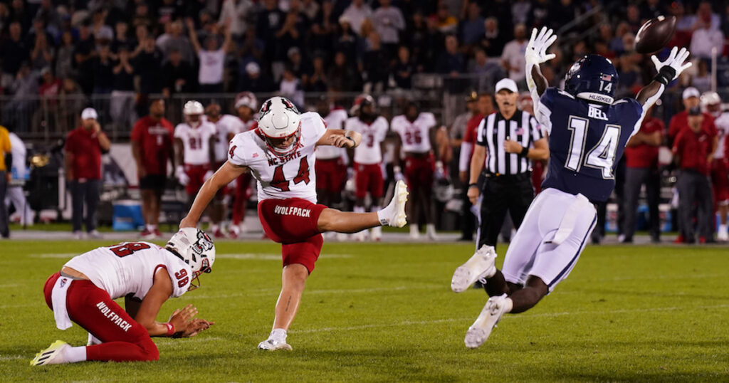 North Carolina State Wolfpack place kicker Brayden Narveson kicks for a field goal