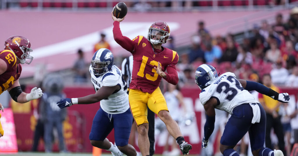 USC Trojans quarterback Caleb Williams throws a pass against the Nevada Wolf Pack