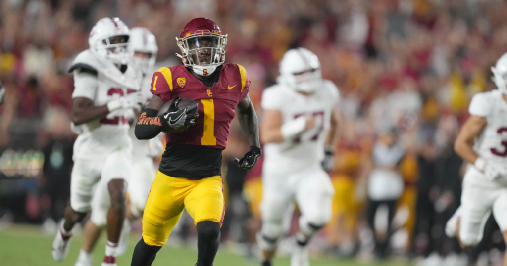 Sep 9, 2023; Los Angeles, California, USA; Southern California Trojans wide receiver Zachariah Branch (1) scores on a 50-yard punt return in the first half at United Airlines Field at Los Angeles Memorial Coliseum.