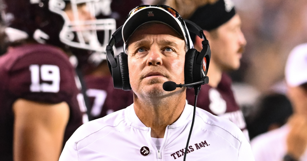 Sep 2, 2023; College Station, Texas, USA; Texas A&M Aggies head coach Jimbo Fisher looks on during the third quarter against New Mexico Lobos at Kyle Field.