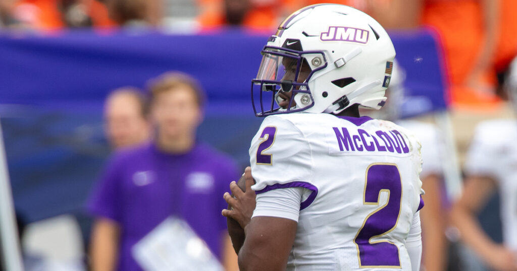 James Madison Dukes quarterback Jordan McCloud looks to pass