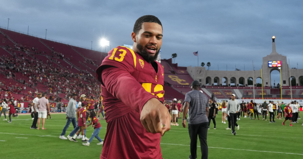 Sep 2, 2023; Los Angeles, California, USA; Southern California Trojans quarterback Caleb Williams (13) reacts at the end of the game against the Nevada Wolf Pack at United Airlines Field at Los Angeles Memorial Coliseum.