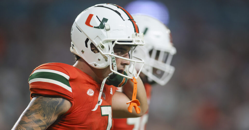 Miami Hurricanes wide receiver Xavier Restrepo looks on after scoring a two-point conversion