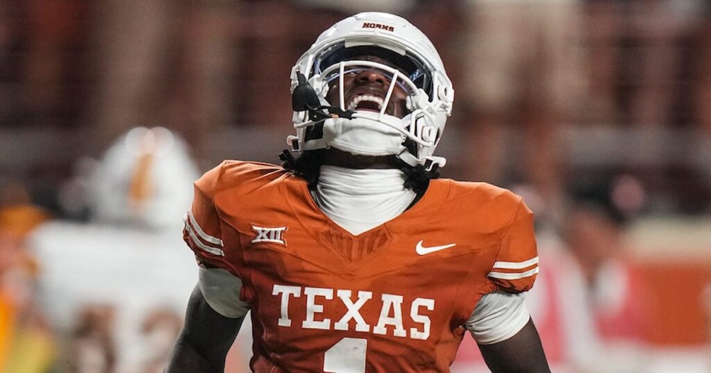 Texas Longhorns wide receiver Xavier Worthy celebrates