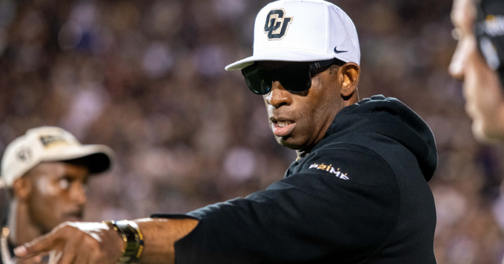 CU football head coach Deion Sanders comes out of the locker room for the Rocky Mountain Showdown on Sept. 16, 2023 at Folsom Field in Boulder, Colo.