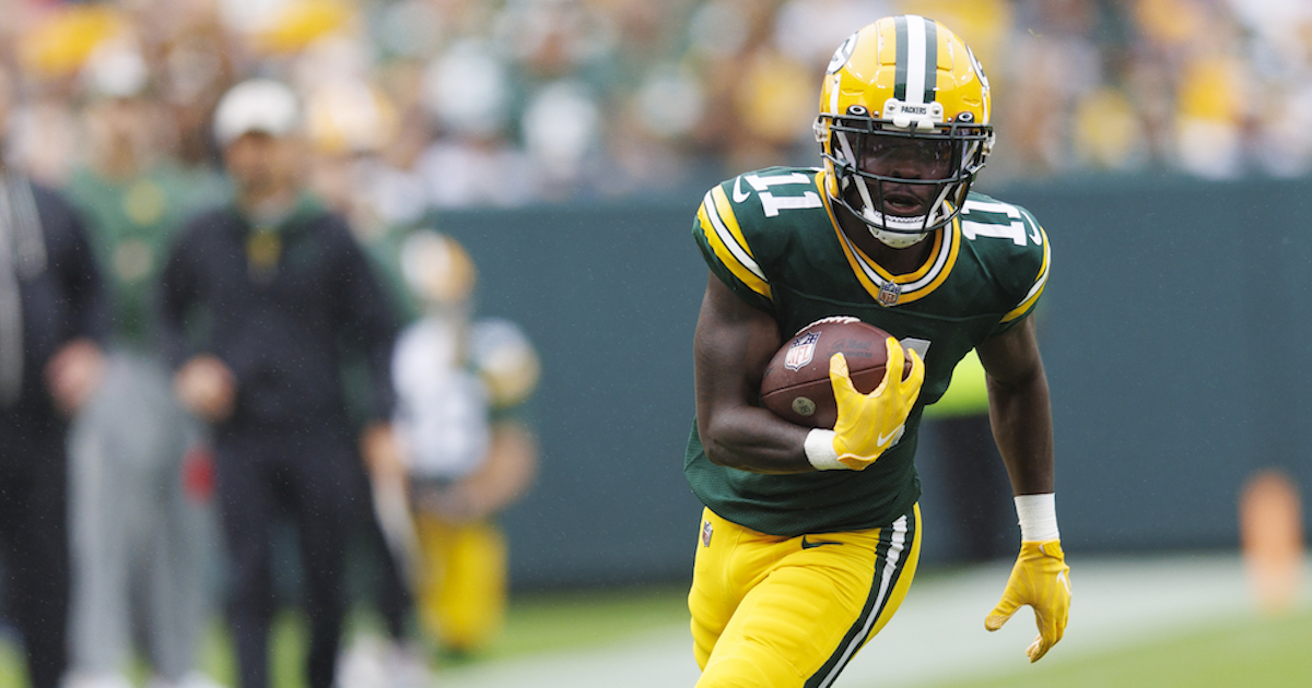 Green Bay Packers wide receiver Jayden Reed (11) scores a touchdown during  the first half of an NFL football game against the Atlanta Falcons, Sunday,  Sep. 17, 2023, in Atlanta. The Atlanta