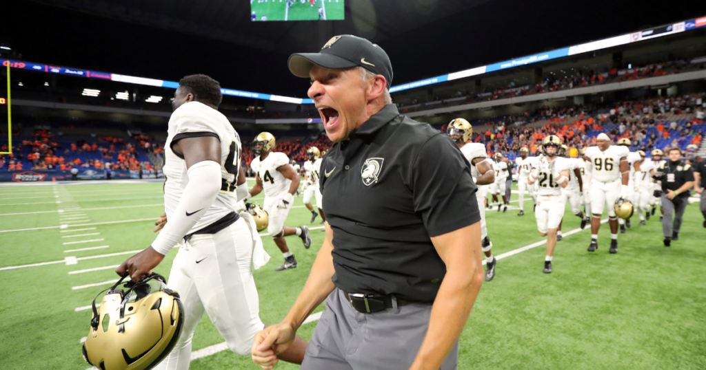 Sep 15, 2023; San Antonio, Texas, USA; Army Black Knights head coach Jeff Monken celebrates a 37-29 victory against the UTSA Roadrunners at the Alamodome.