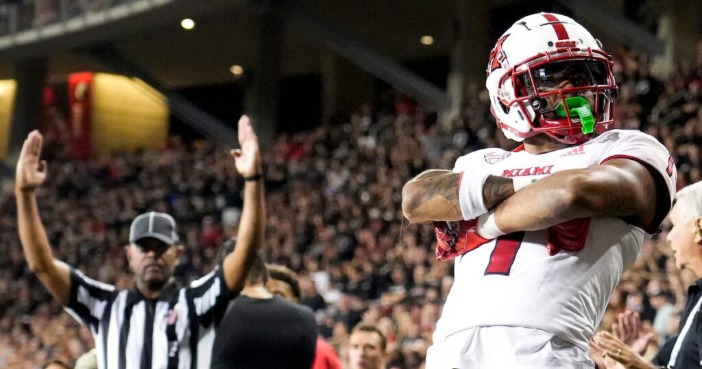 Miami (Ohio) RedHawks wide receiver Joe Wilkins Jr. crosses his arms after scoring a touchdown 