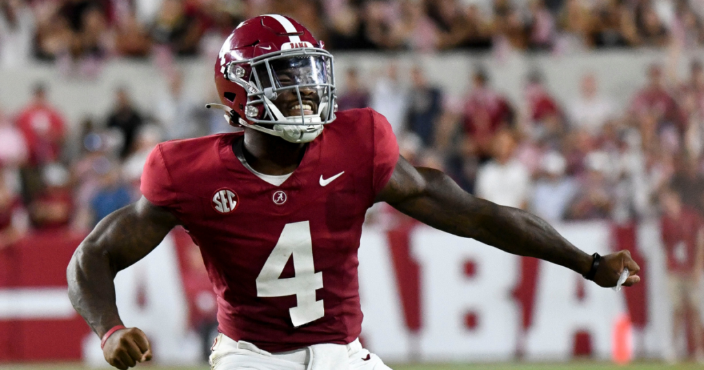 Sep 9, 2023; Tuscaloosa, Alabama, USA; Alabama Crimson Tide quarterback Jalen Milroe (4) celebrates after hitting Alabama Crimson Tide wide receiver Jermaine Burton (3) for a touchdown at Bryant-Denny Stadium. Texas defeated Alabama 34-24.