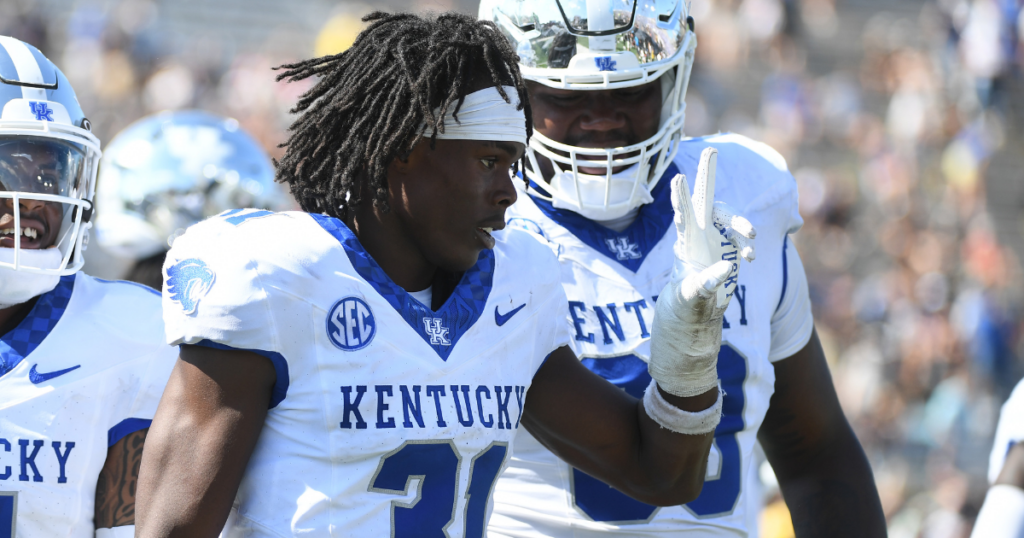 Kentucky cornerback Maxwell Hairston celebrates after his second pick-six vs. Vanderbilt