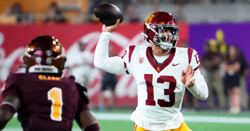 USC Trojans quarterback Caleb Williams (13) throws a pass against the Arizona State Sun Devils in the first half at Mountain America Stadium