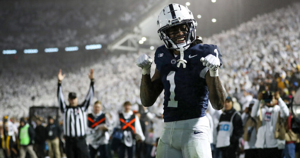 Penn State Nittany Lions wide receiver KeAndre Lambert-Smith celebrates after scoring a touchdown