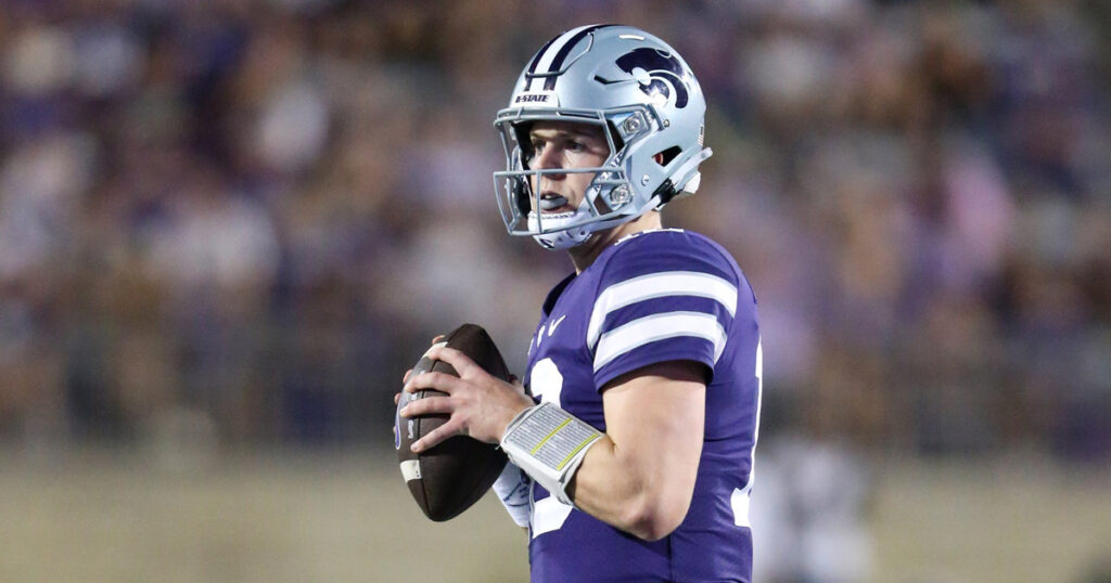 Kansas State QB Will Howard prepares to throw a ball