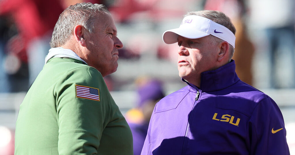 Arkansas coach Sam Pittman and LSU coach Brian Kelly