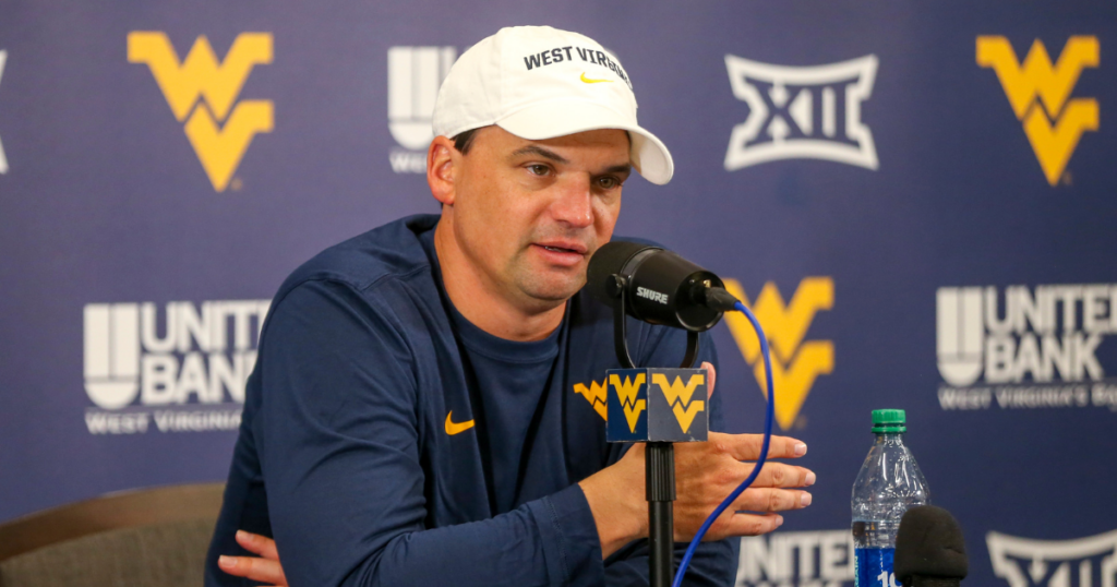Sep 23, 2023; Morgantown, West Virginia, USA; West Virginia Mountaineers head coach Neal Brown speaks with the media after defeating the Texas Tech Red Raiders at Mountaineer Field at Milan Puskar Stadium.