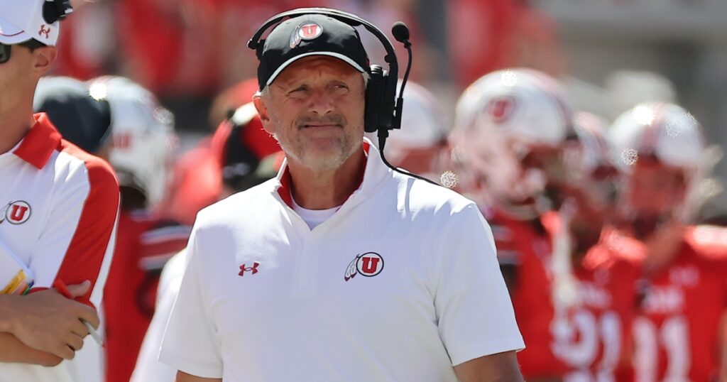 Utah Utes head coach Kyle Whittingham looks on in the first half against the Weber State Wildcats at Rice-Eccles Stadium