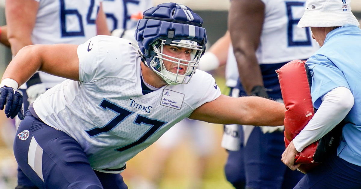 Andrew Rupcich, and Peter Skoronski of the Tennessee Titans block