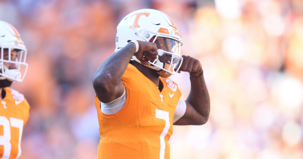 South Carolina opponent Joe Milton flexes during a game this season for Tennessee