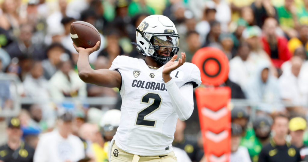 Sep 23, 2023; Eugene, Oregon, USA; Colorado Buffaloes quarterback Shedeur Sanders (2) looks to throw during the second half against the Oregon Ducks at Autzen Stadium.