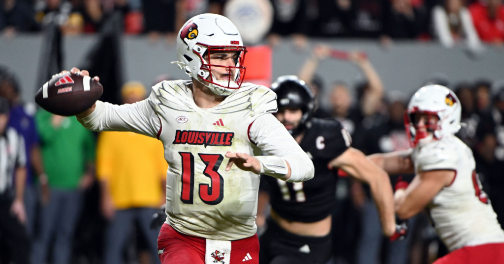Sep 29, 2023; Raleigh, North Carolina, USA; Louisville Cardinals quarterback Jack Plummer (13) looks to throw a pass during the second half against the North Carolina State Wolfpack at Carter-Finley Stadium. The Louisville Cardinals won 13-10.